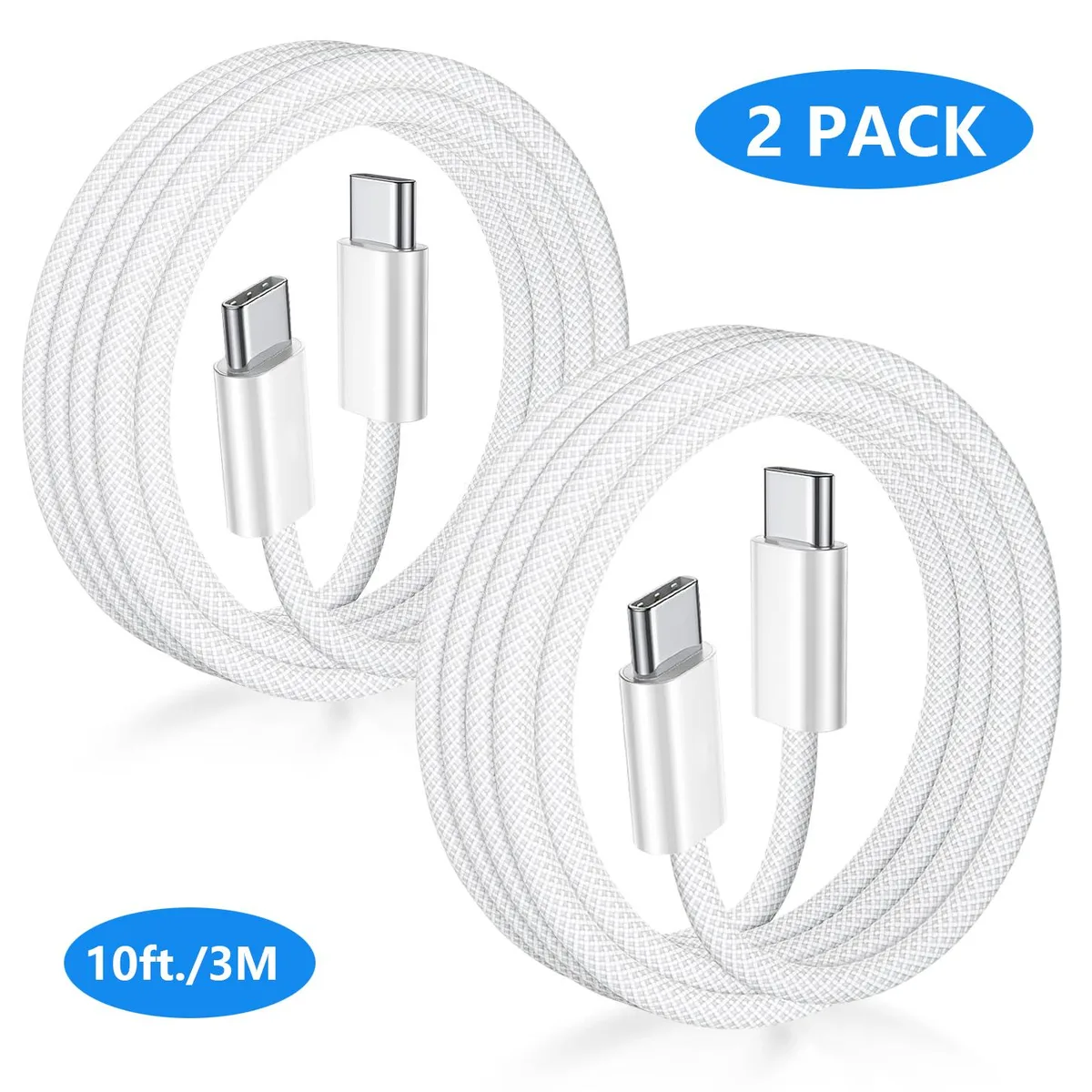 IHDAPP IHDAPP USB-C to USB-C Cable 10FT 3M 60W 2-Pack White Braided — product photo