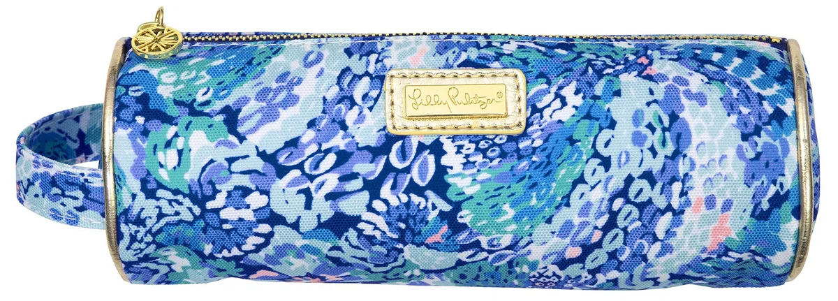 Multicolored canvas pencil case, 8 inches long, gold zip and logo plaque, carrying handle
