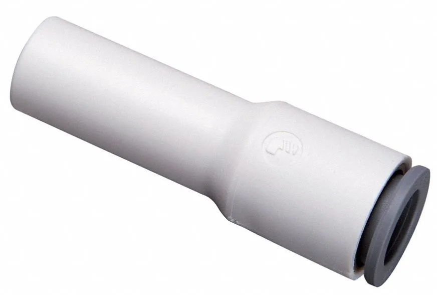 White bio-based nylon push-fit adapter fitting with 1/4 in and 3/8 in tube connections