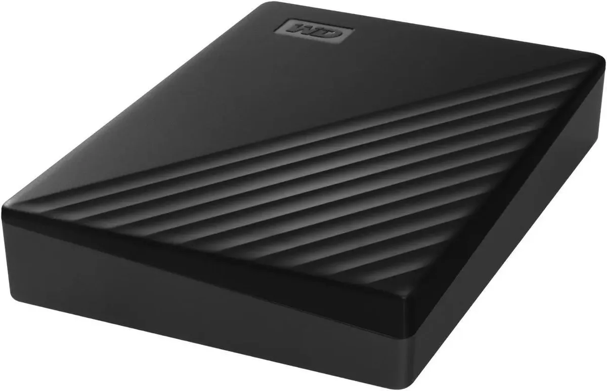 Black rectangular 2.5 inch portable hard drive with Micro-USB Type B port