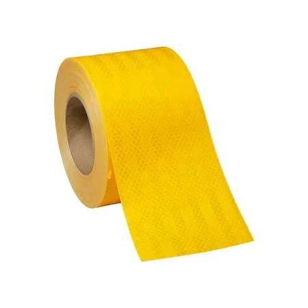Roll of fluorescent yellow conspicuity tape, four inches wide, eighteen mil thick, retroreflective microprismatic finish