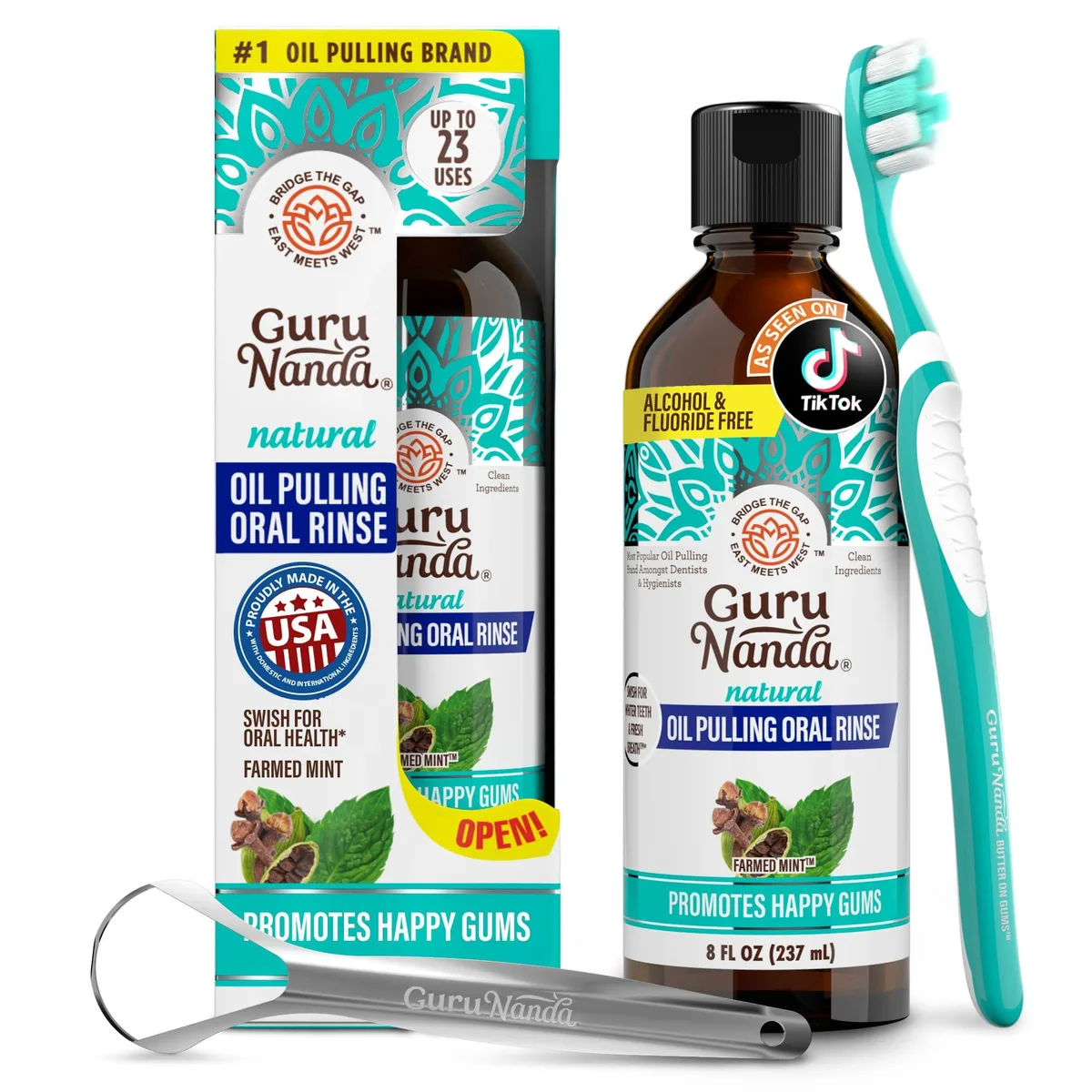 White 8 fl oz bottle with tongue scraper and toothbrush