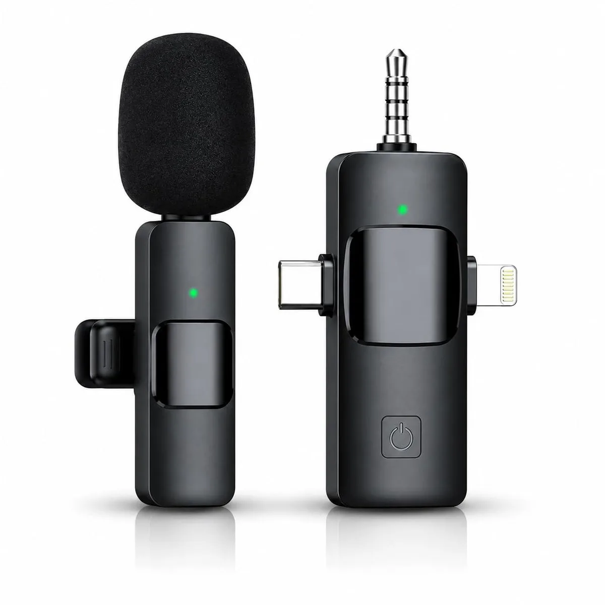 Akcswo AK-1M 3-in-1 Wireless Lavalier Microphone 12h 2.4GHz 64dB 3.5mm Lightning Type-C Black — product photo