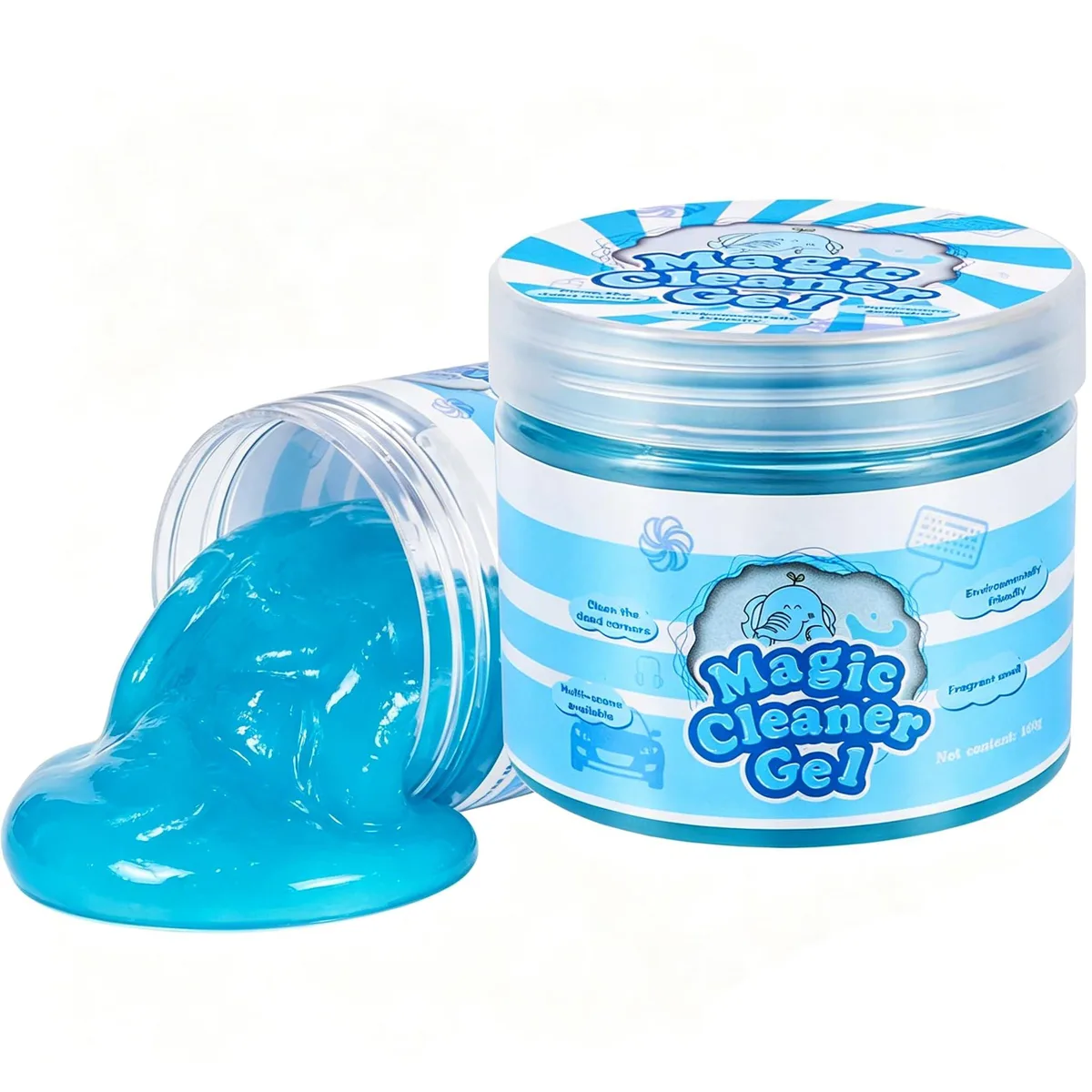 Two jars of blue cleaning gel slime for car interior dust removal