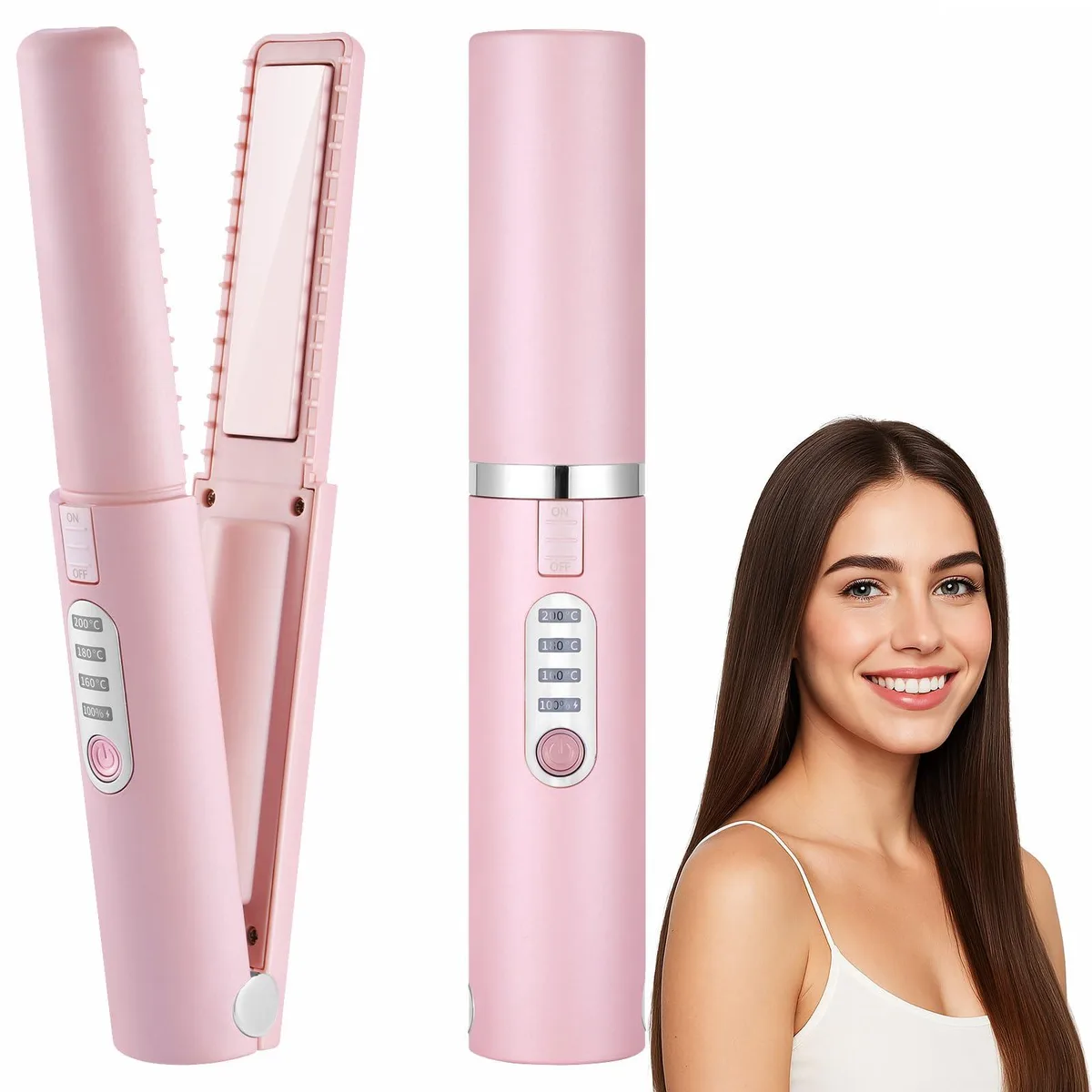 White cordless mini hair straightener with ceramic plates, USB-C port, compact travel size