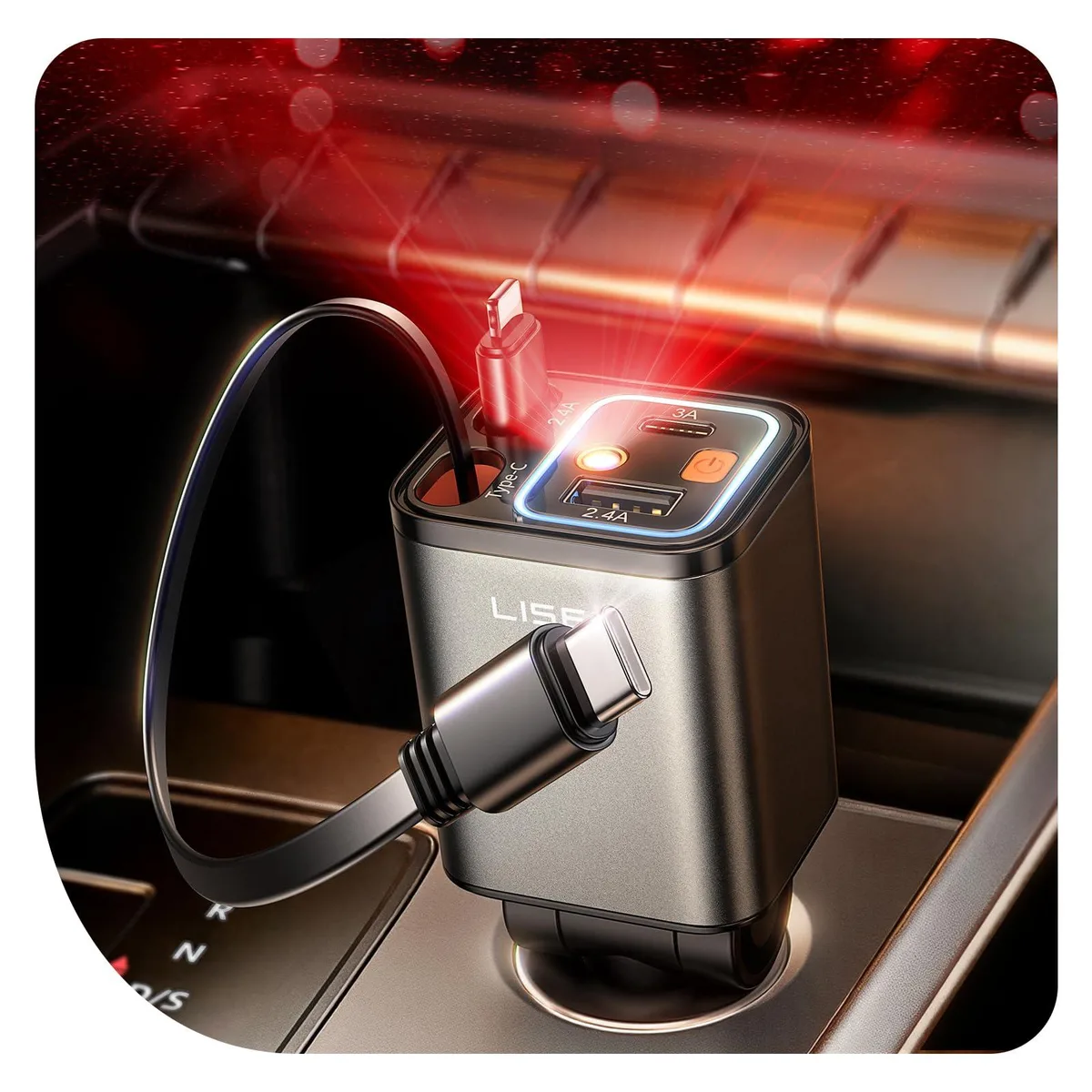 Compact white car charger with retractable cable and starry light projector