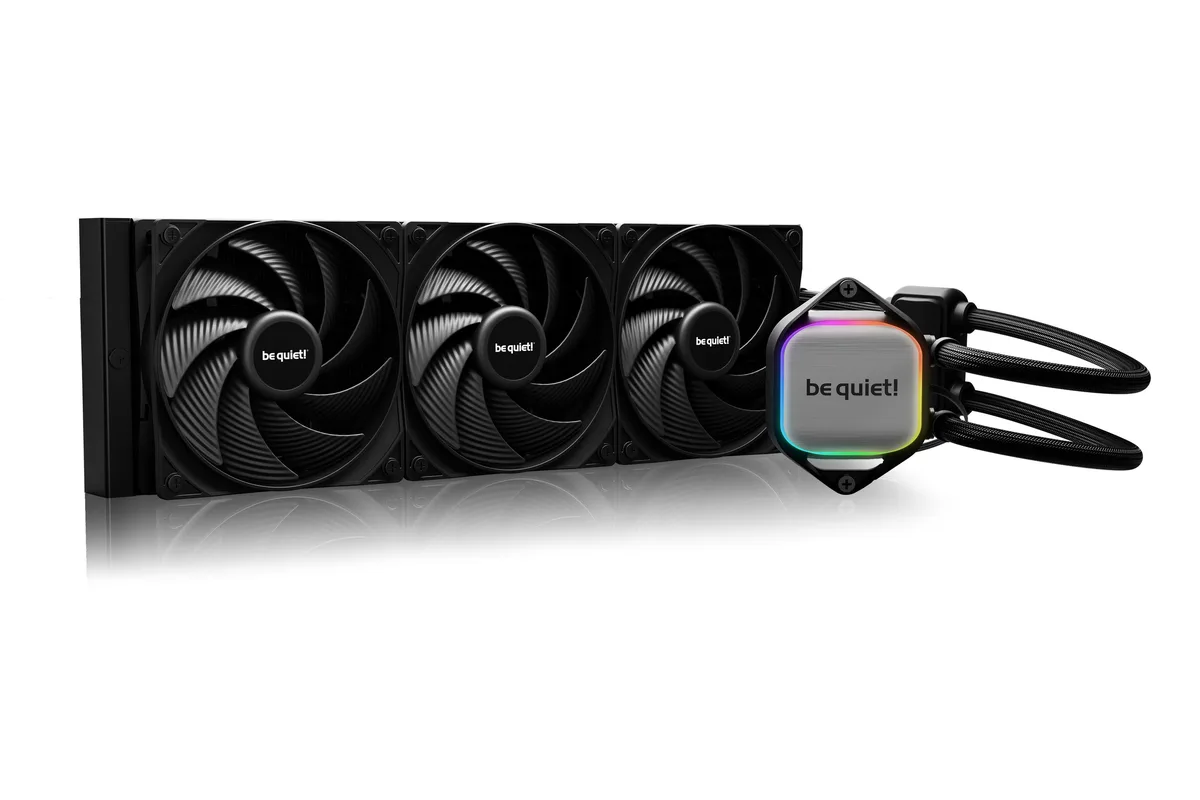 Black 360 mm radiator with three 120 mm fans and illuminated pump block