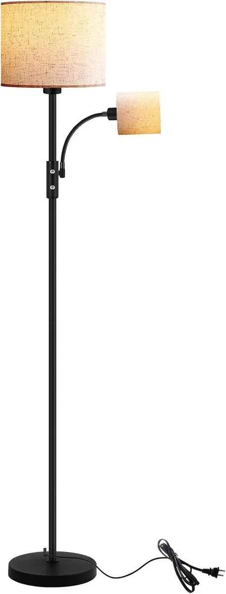 Tall black metal pole floor lamp with two beige fabric lampshades, 62 inches high