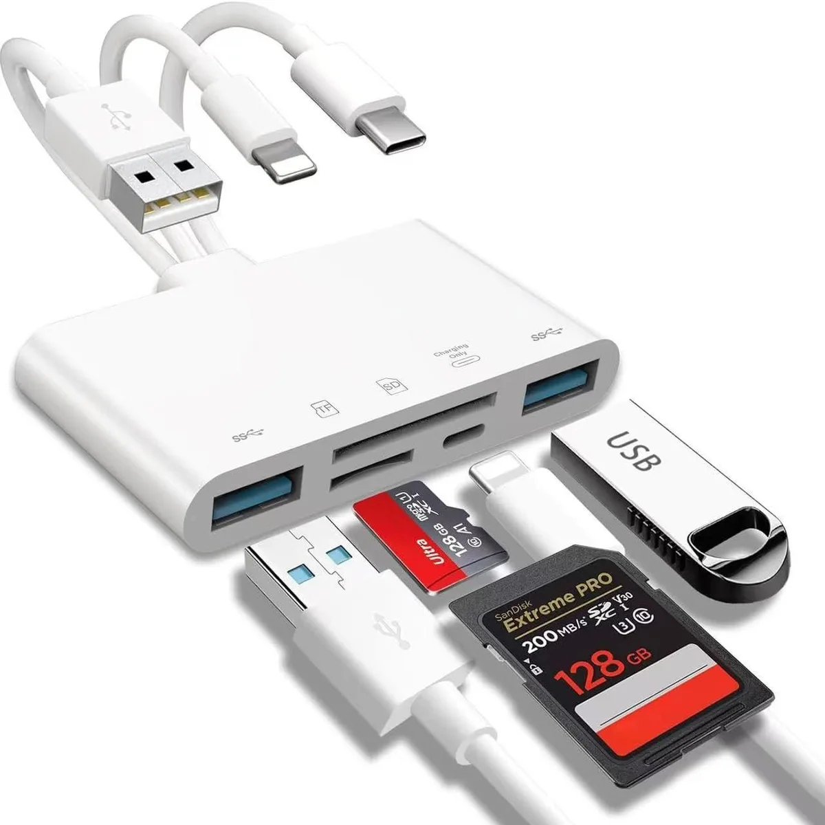 Compact 5-in-1 card reader with USB-C, Lightning, USB-A ports and SD/TF slots