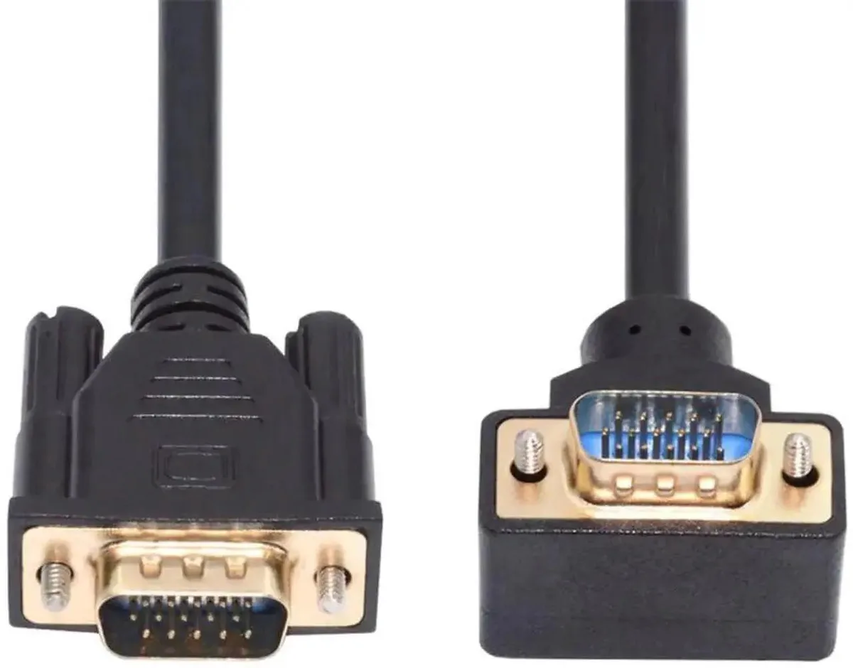 Upward 90 degree angled VGA male connector to straight male plug, blue jacket, 3.3ft