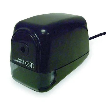 Black plastic plug-in pencil sharpener with front hole and power cord
