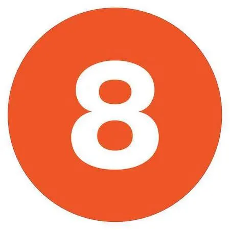 Roll of 500 orange number 8 labels on transparent backing
