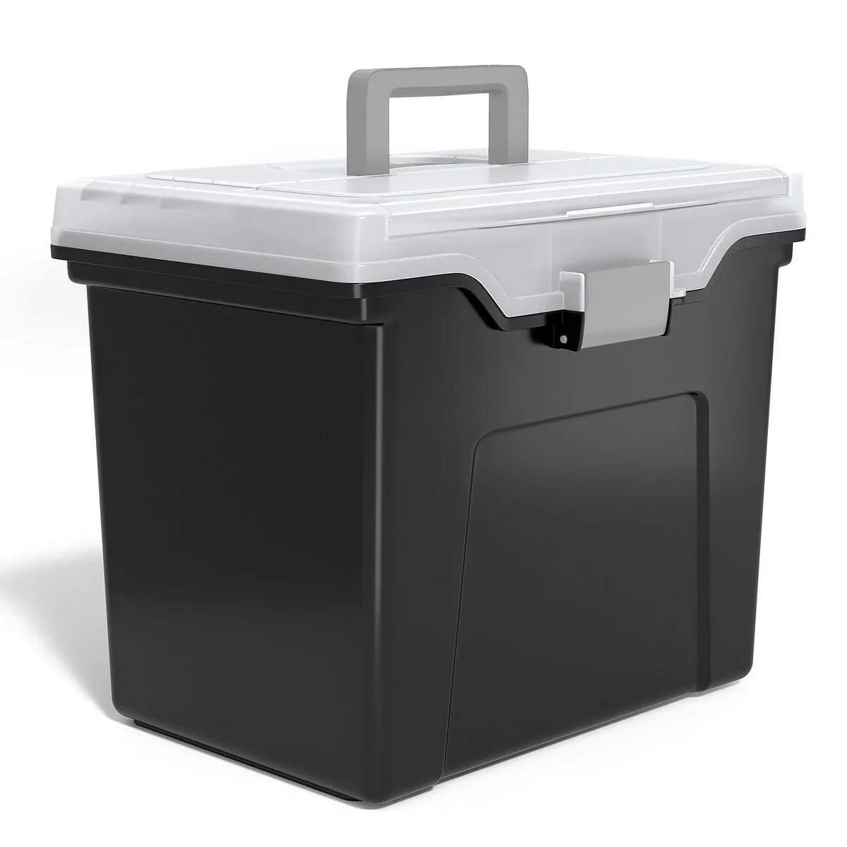 Black plastic letter-size file tote with clear lid, built-in rails, top organizer tray and carry handle