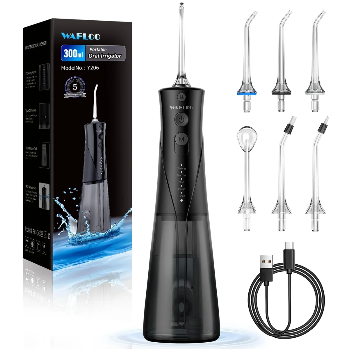 Black cordless water flosser with detachable 300 ml tank and six tips