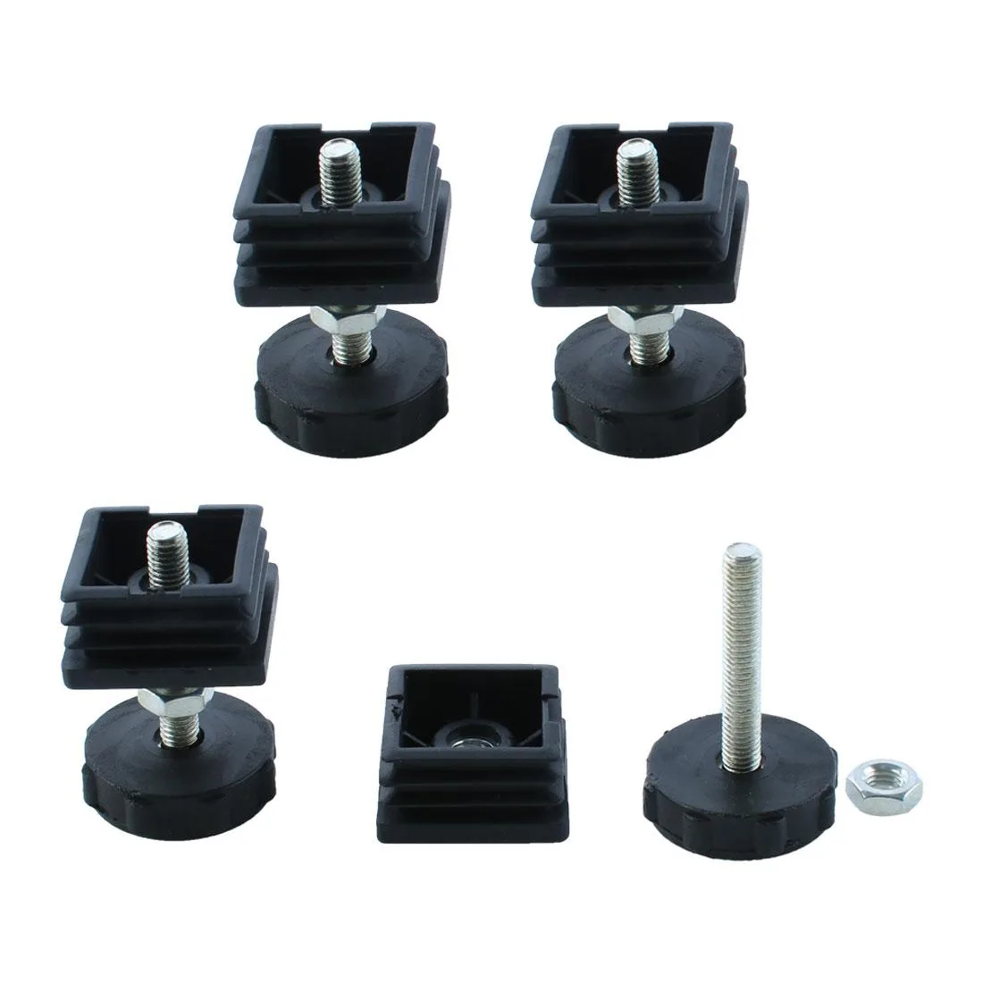 Four sets of black plastic tube inserts with adjustable threaded feet, 38mm square
