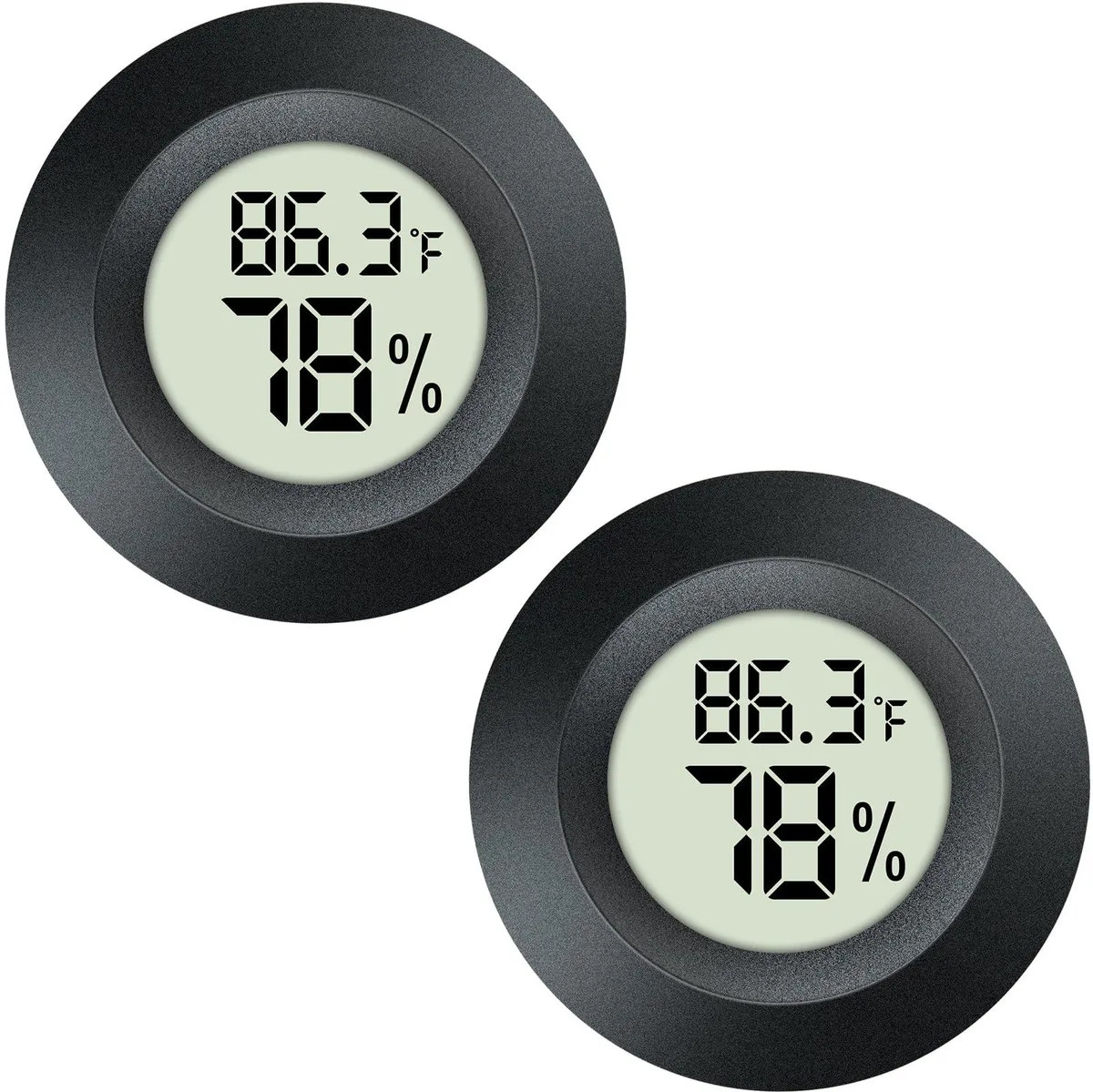Two black 1.7 inch round digital hygrometer thermometers with LCD screens