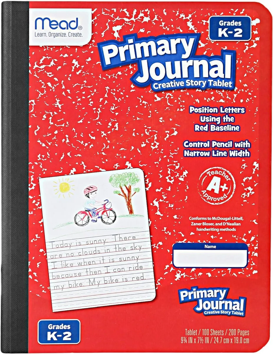 Red hardcover marble primary journal half page ruled 100 sheets