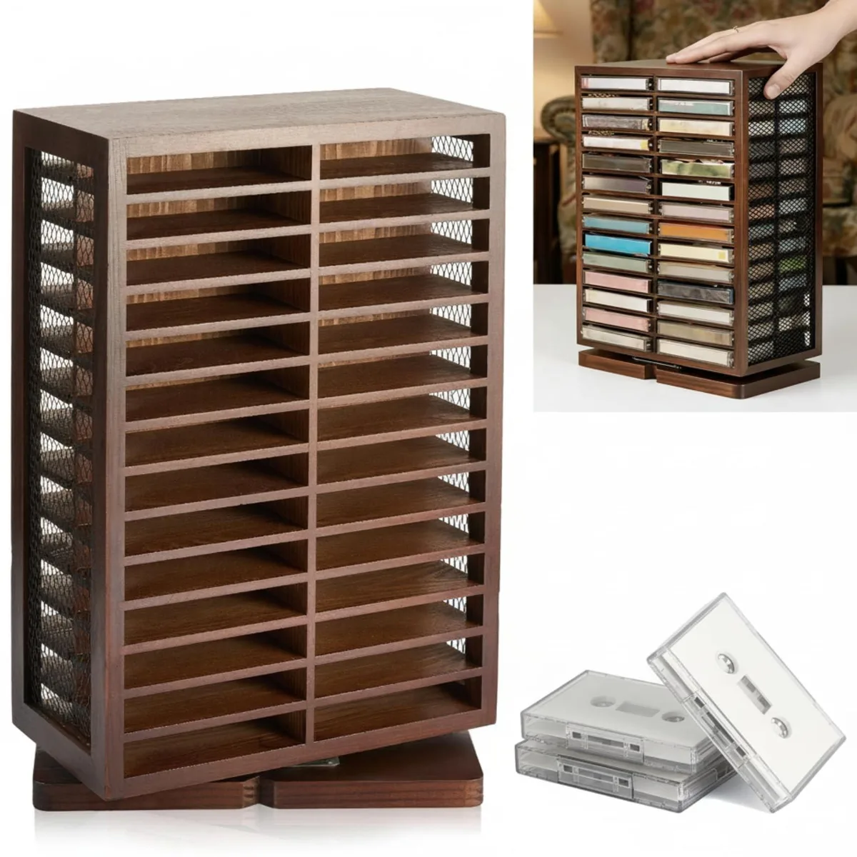 Rustic brown wooden base with double-sided metal mesh tower holding 56 cassettes, rotates 360 degrees