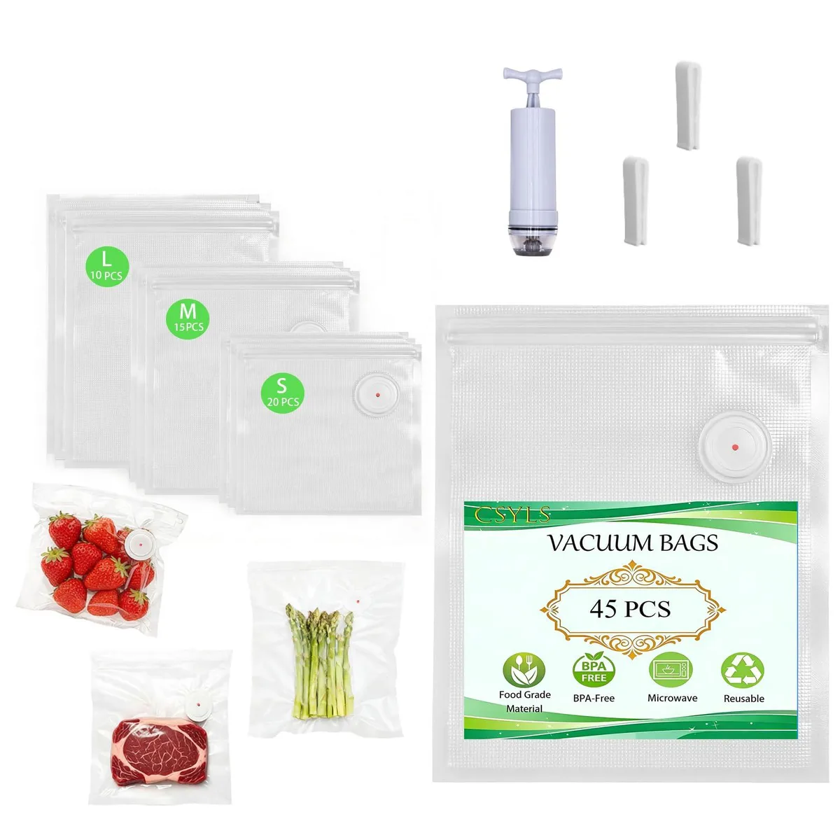 Clear reusable vacuum sealer bags with hand pump, 45 pieces