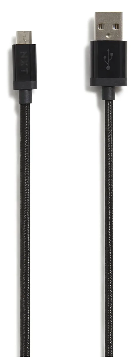 Black braided USB-A to Micro-USB cable with strain relief and cable strap