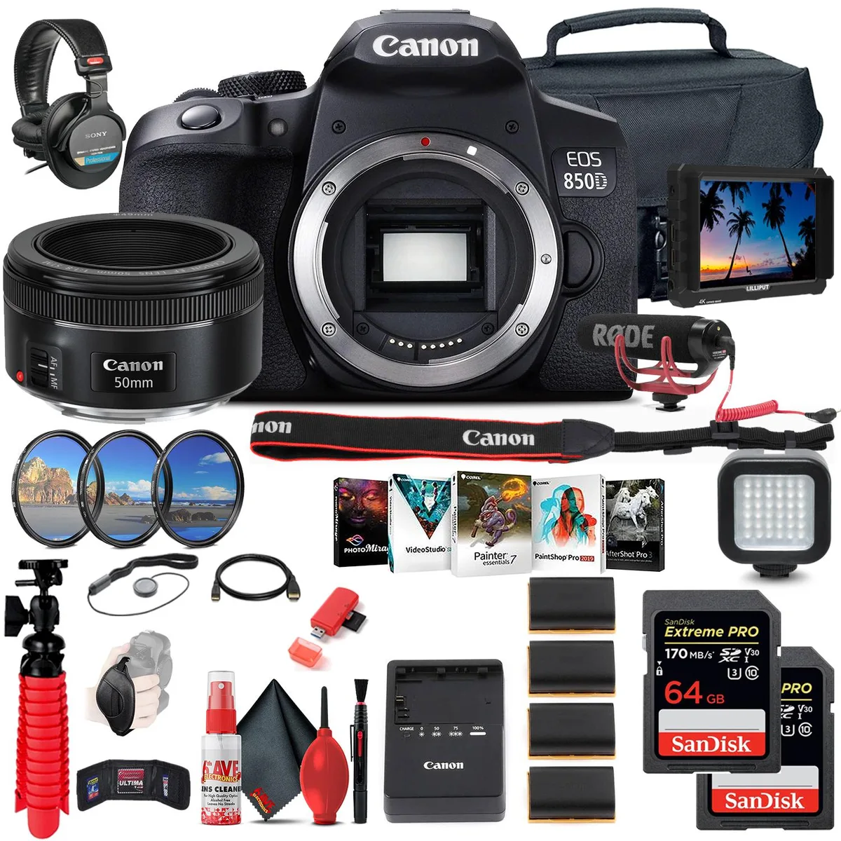 Canon Canon EOS 850D DSLR Kit with 7in Monitor, 50mm f/1.8, Mic, 64GB Cards — product photo
