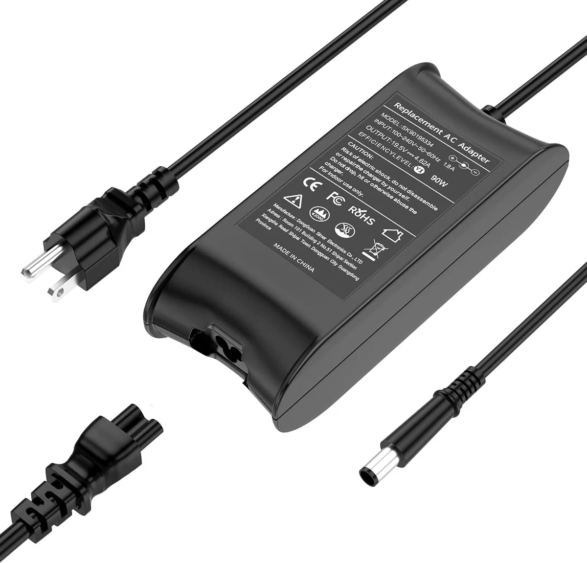 Black rectangular 90W AC adapter with 7.4mm barrel connector and detachable power cord