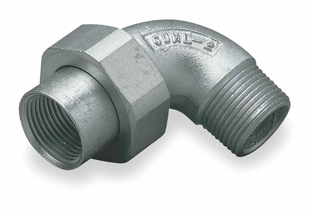 Gray electroplated steel IMC union, 90-degree threaded fitting, female to male ends