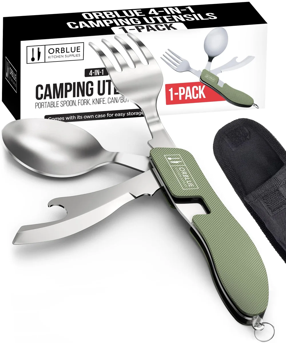 Olive-green stainless-steel 4-in-1 camping cutlery set with spoon fork knife bottle opener in compact case