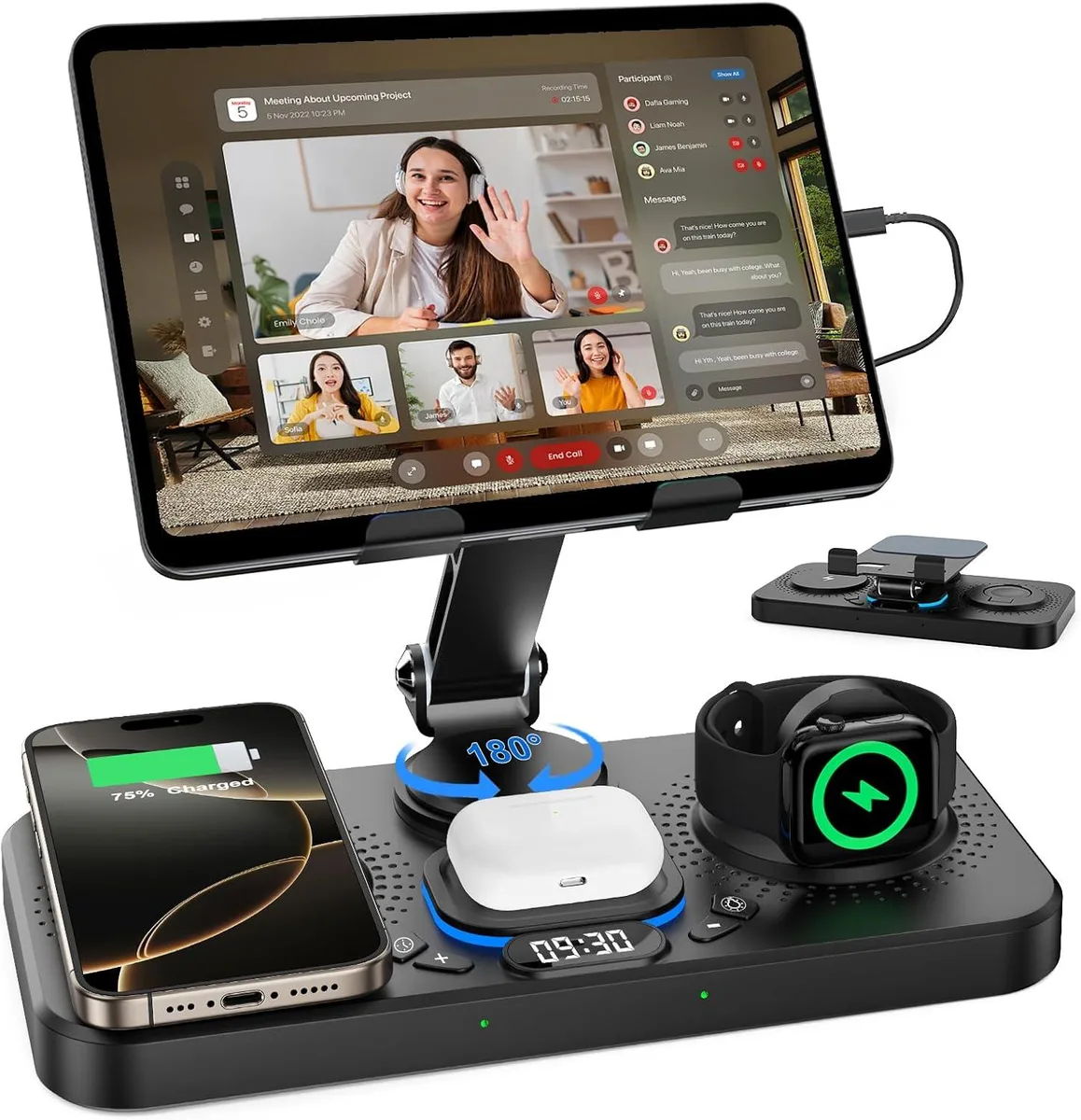 BFKK BFKK 6-in-1 Foldable Wireless Charging Station with Clock & 7-Color Light (Black) — product photo