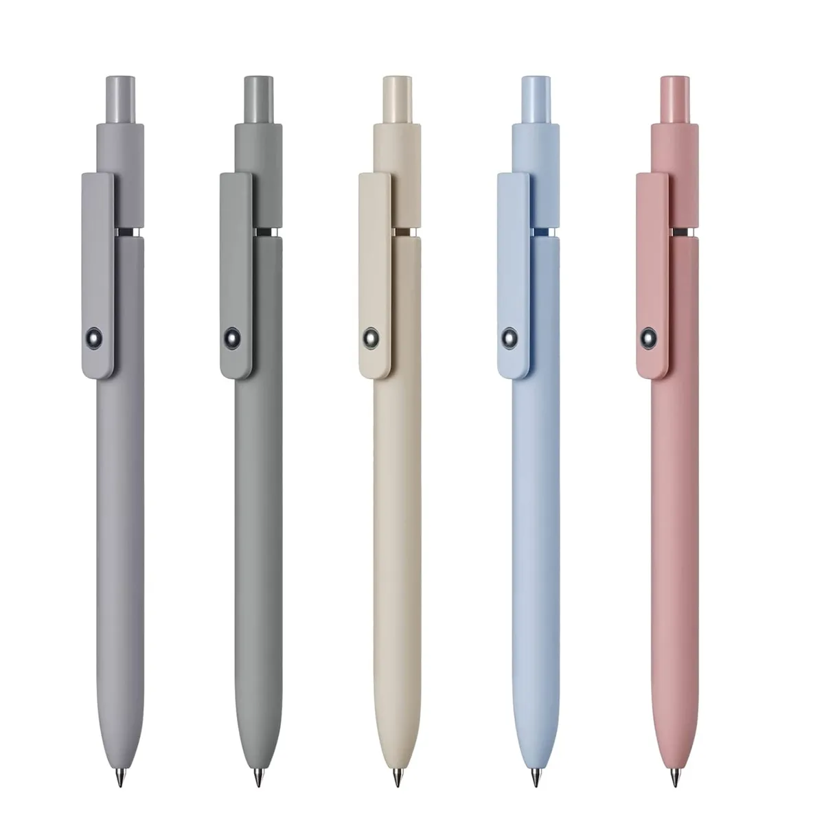 Five retractable rollerball pens in muted Morandi colours, matte ABS barrels with pocket clips