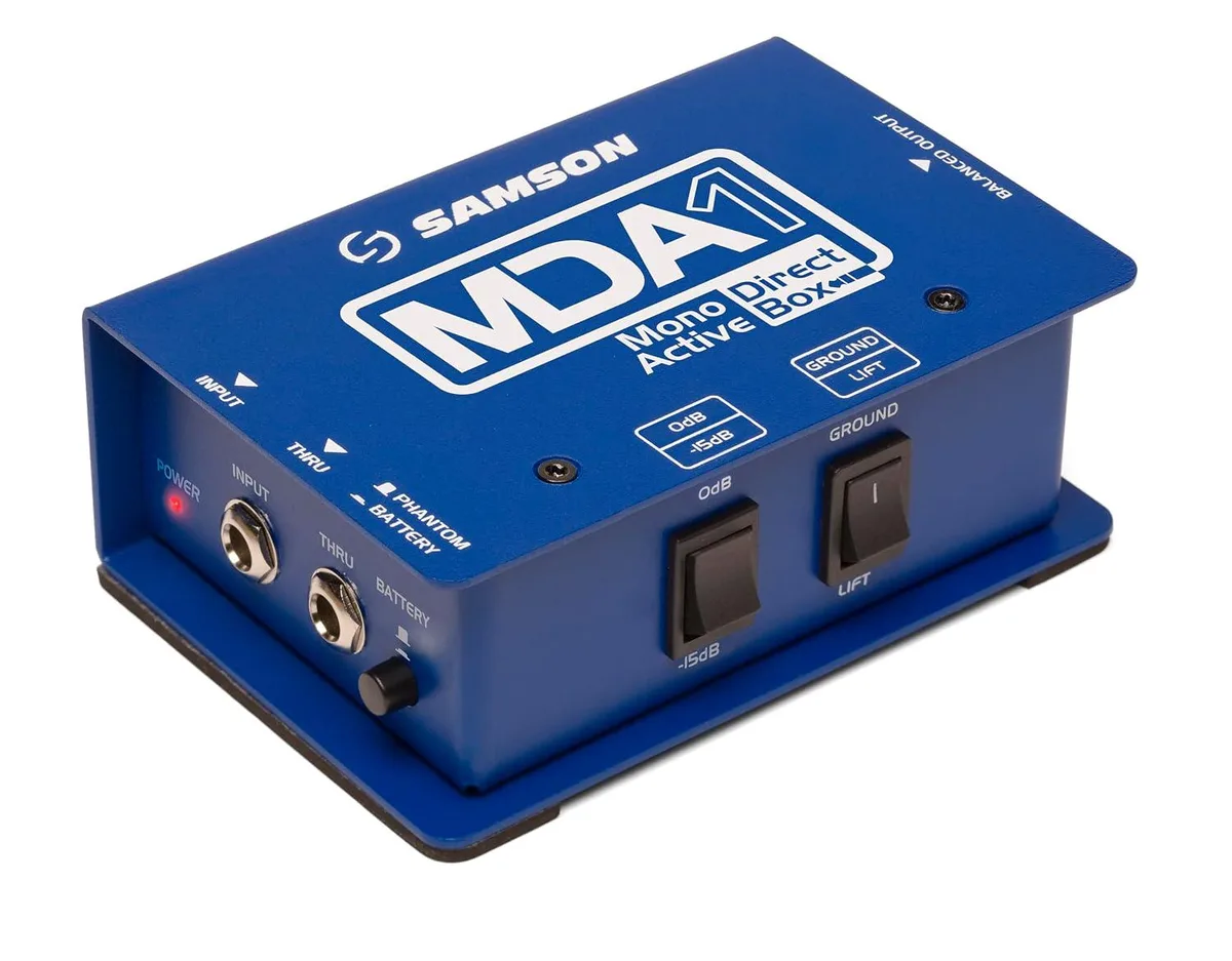 Silver metal direct box with quarter-inch jacks, XLR output, attenuation and ground-lift switches