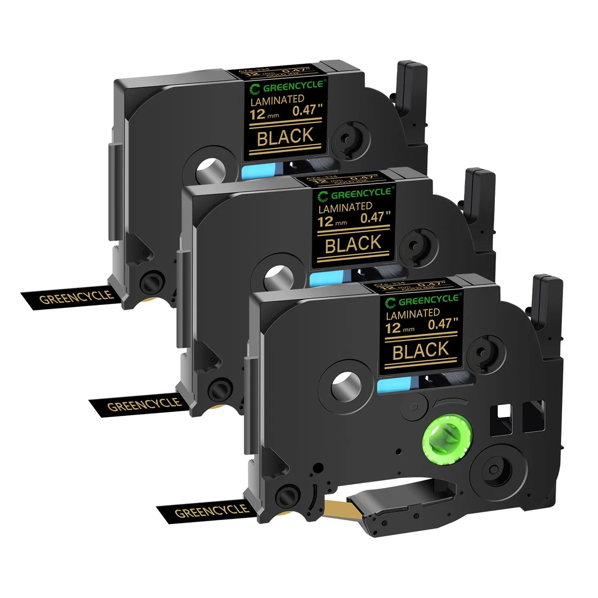 GREENCYCLE GREENCYCLE TZe-334 12mm 26.2ft Gold on Black Laminated Tape 3 Pack — product photo