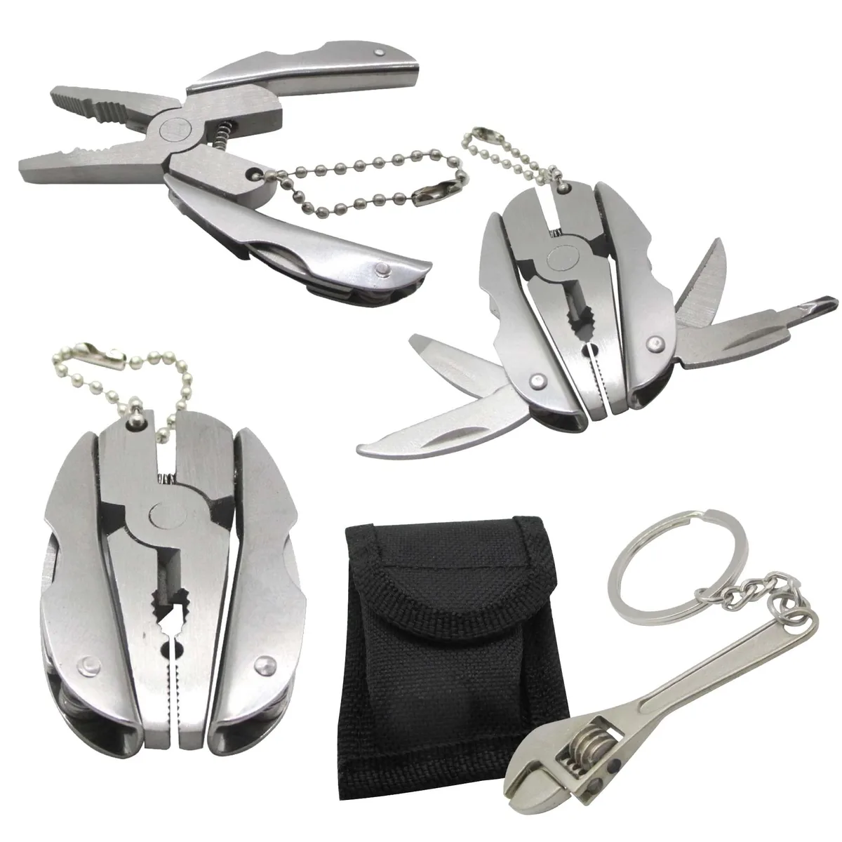 Compact stainless steel plier-wrench set, silver finish, 52mm closed length, 32mm wide, with sheath