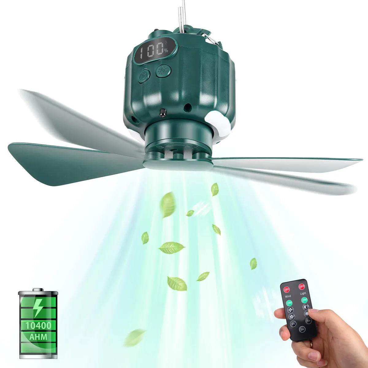 Silver portable camping fan with five blades, LED light, hanging hook and remote control
