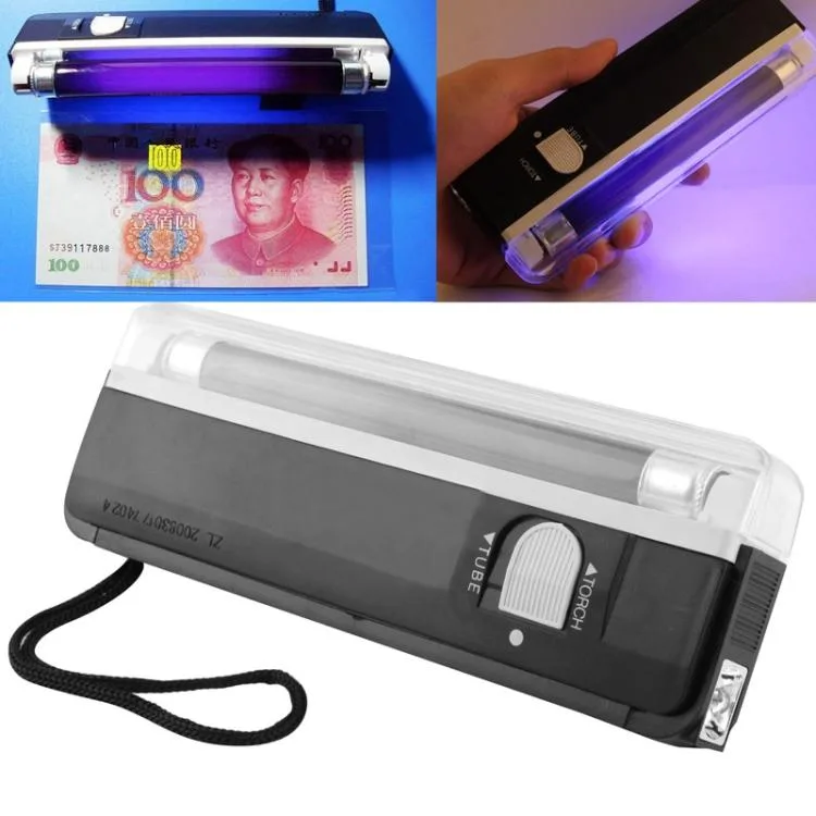 Black handheld UV lamp and LED flashlight with textured grip