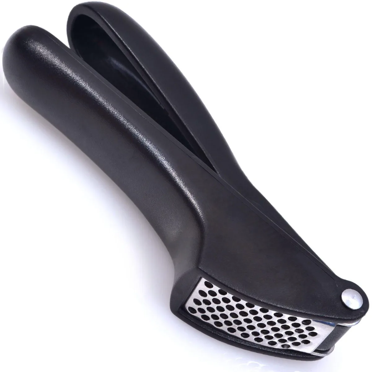Stainless steel garlic press with soft-grip handles, new condition