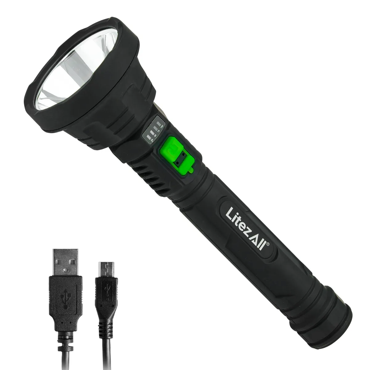 Black aluminium flashlight with rubberised grip and USB port