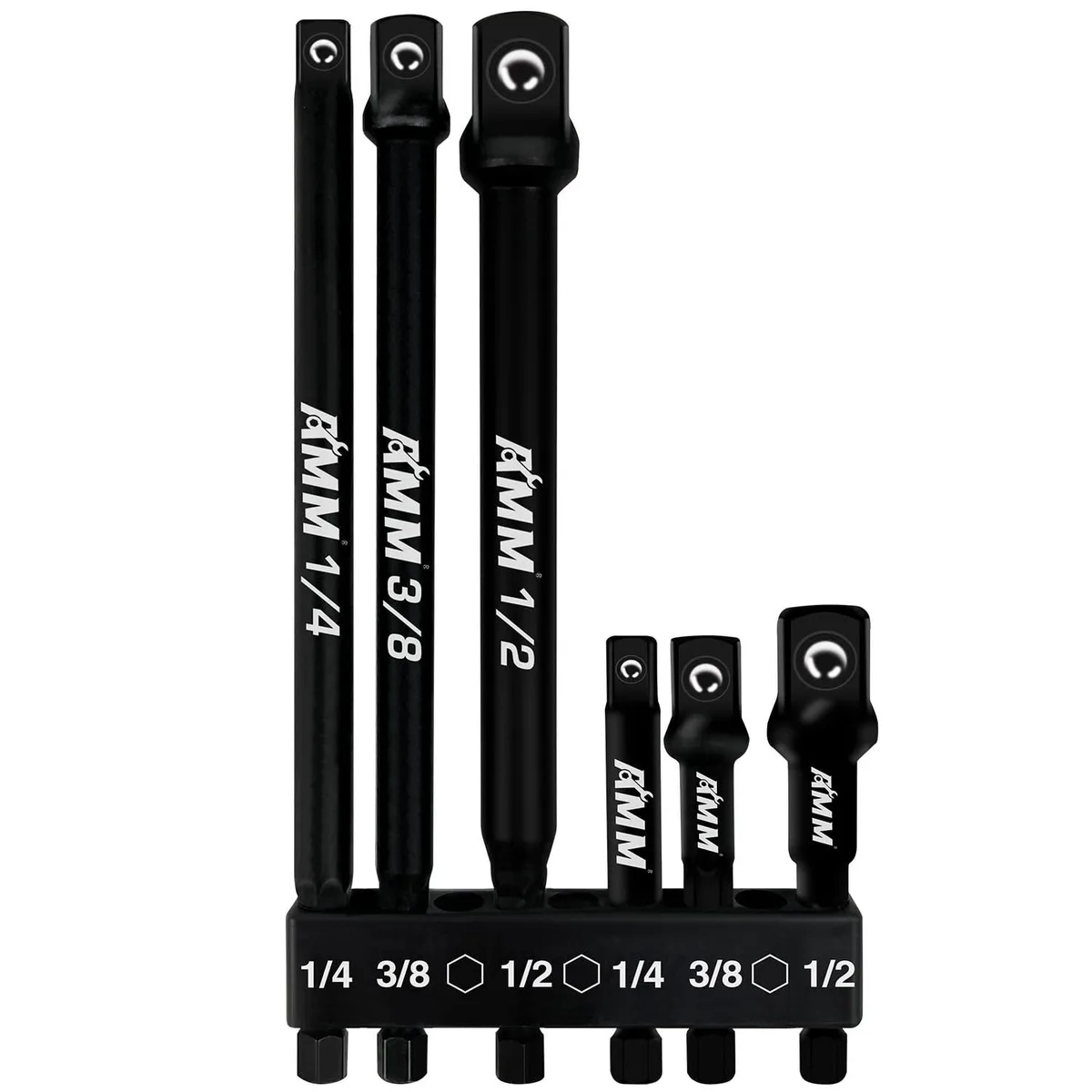 Six steel hex-shank socket adapters in black finish, three sizes each in short and long lengths