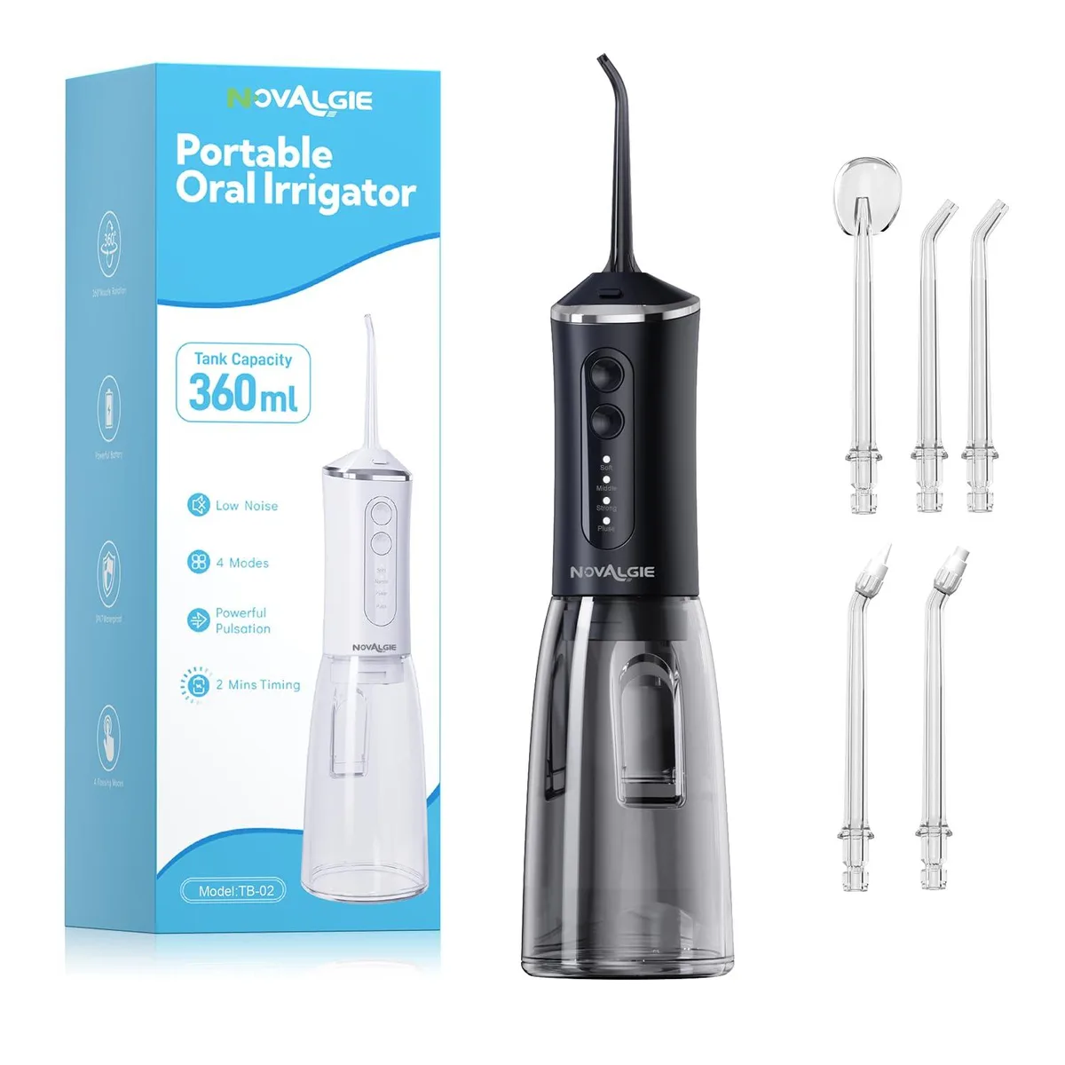White cordless water flosser with 360ml tank and five jet tips