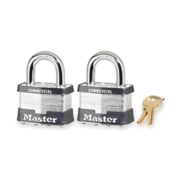 Two silver laminated steel padlocks with standard shackles