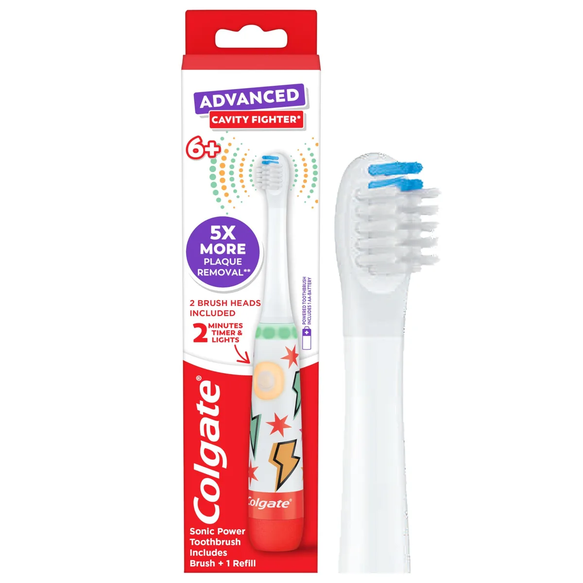 White plastic kids electric toothbrush with timer, round brush head, AA battery included