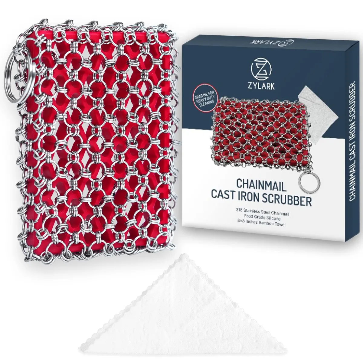 Red 316L stainless steel chainmail scrubber with bamboo cloth, flat rectangular shape, 4.3 by 2.95 inches, .4 inch thick