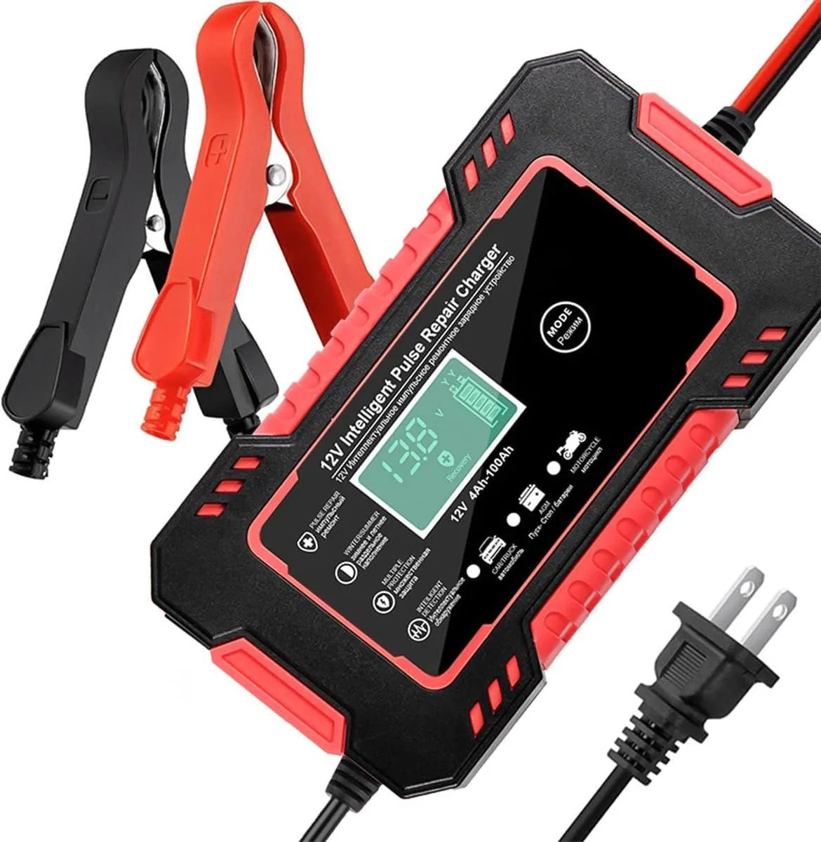 Compact rectangular 12V 6A battery charger with large LCD screen and red black clamps