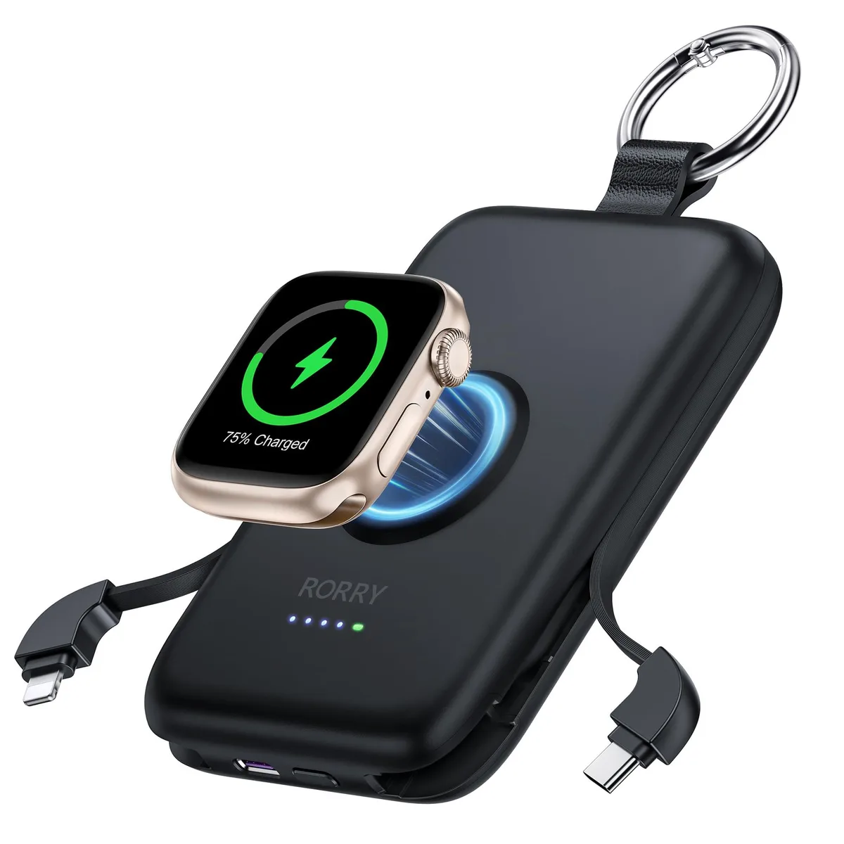 Black rectangular power bank with built-in cables and keychain ring