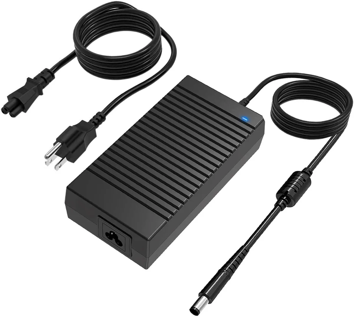 Black rectangular power brick with 7.4x5.0mm barrel plug and detachable mains lead