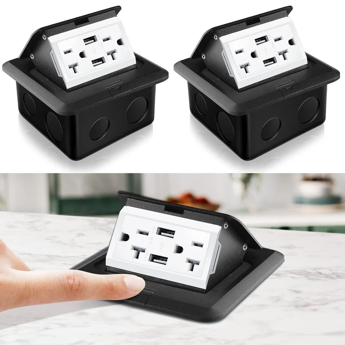 BFKK BFKK Pop-up Floor Outlet Kit Waterproof 20 A 4.2 A USB Black 2 Pack — product photo