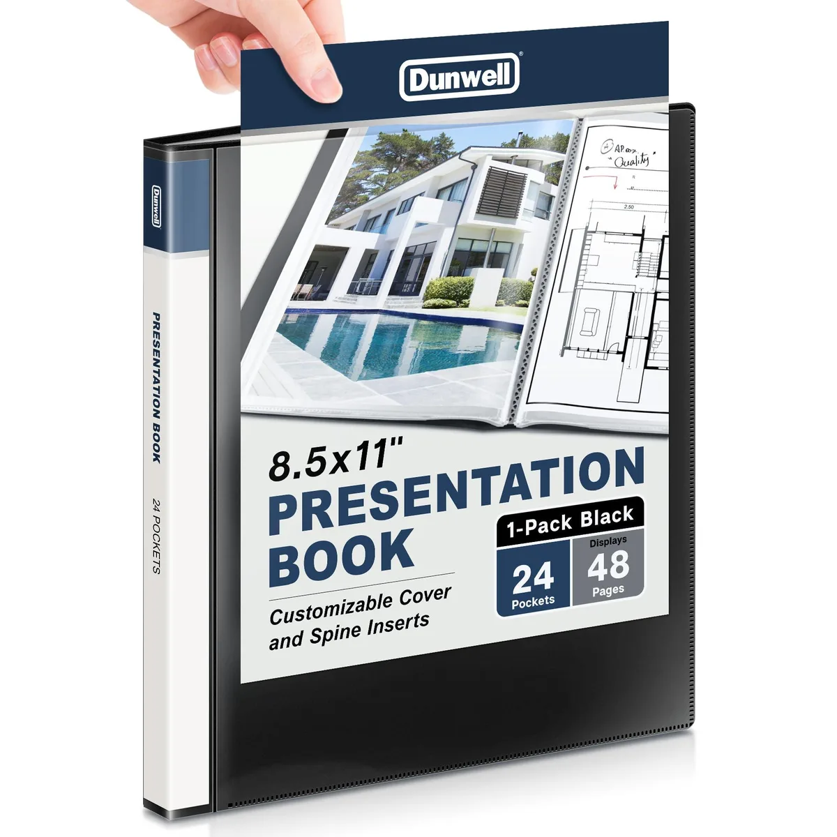 Black 24-pocket presentation binder with customizable cover and spine, holds 48 letter-size pages