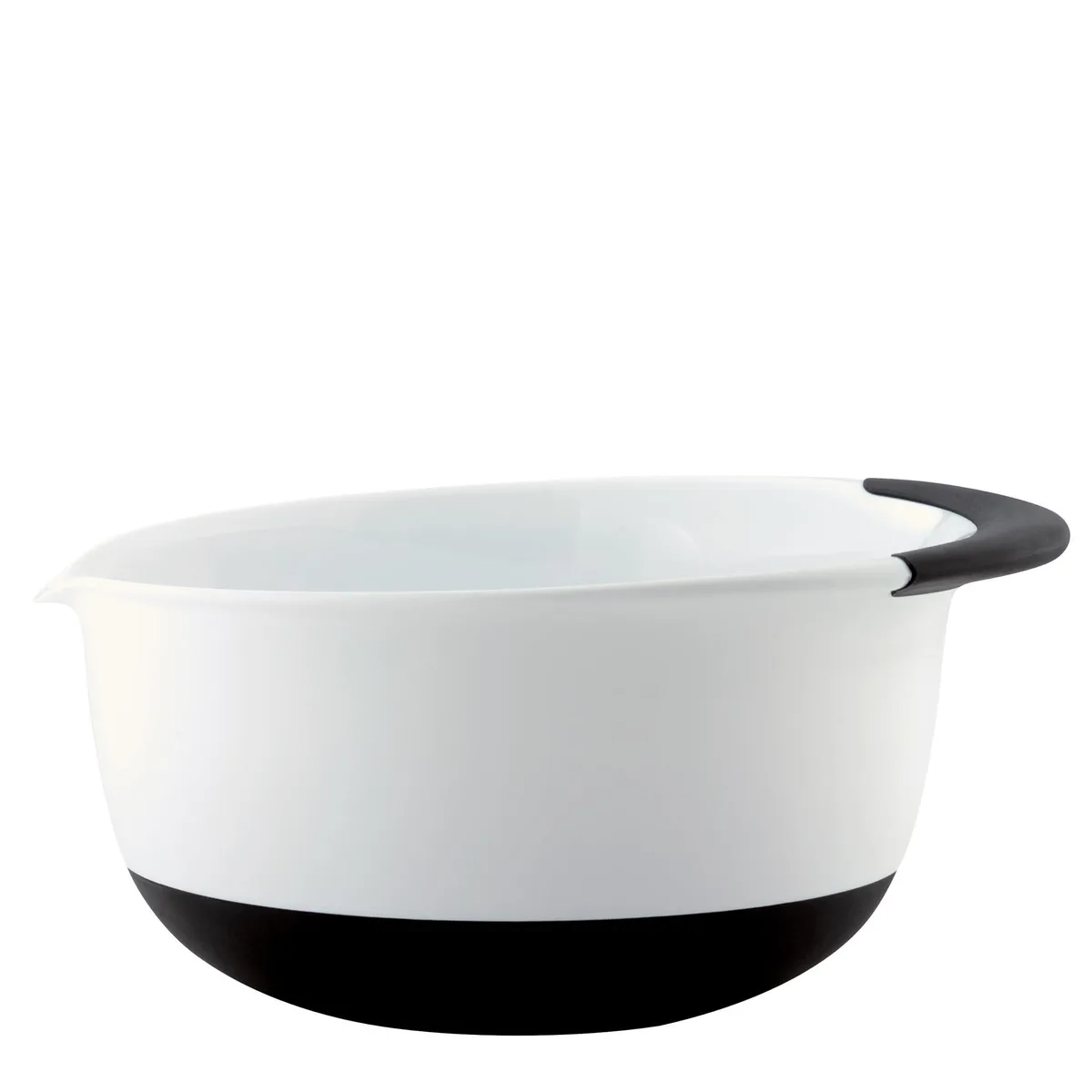 White plastic mixing bowl with black non-skid base, 12.1 x 11 x 5.8 inches