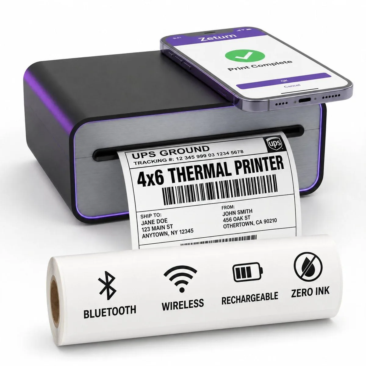 Compact white thermal label printer with Bluetooth, 4x6 label output