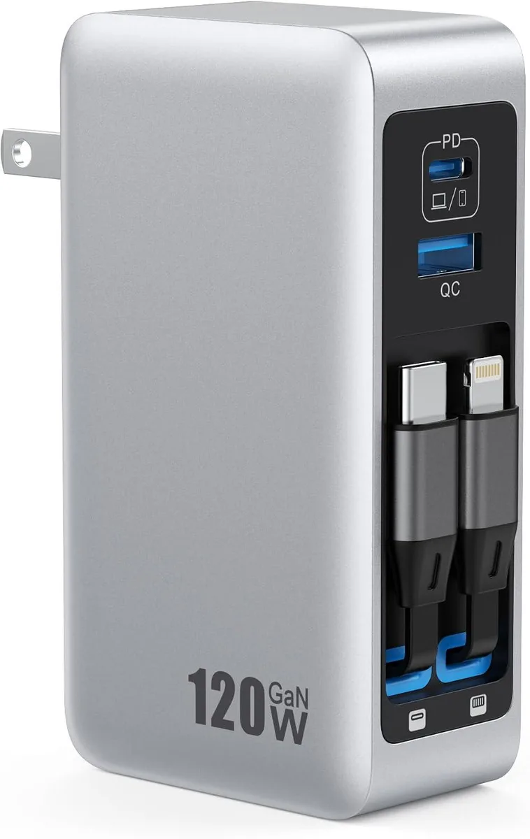 ONITOON ONITOON 120W USB-C Charger 2 Retractable Cables 4-in-1 GaN IV Foldable Plug — product photo
